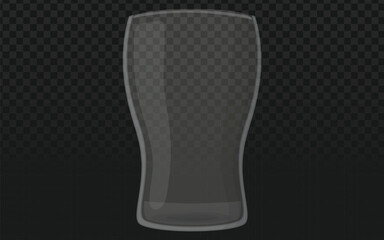 A clear, empty beer glass stands upright against a dark, slightly checkered background. The glass has a classic pint shape, wider at the top and bottom with a narrower middle section. 