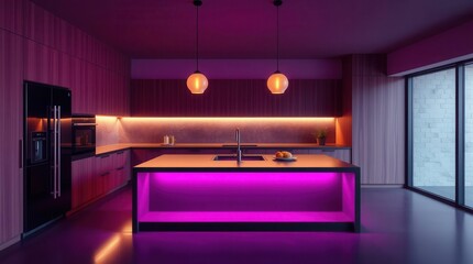 Modern kitchen featuring vibrant LED lighting, creating a stylish and atmospheric culinary space.