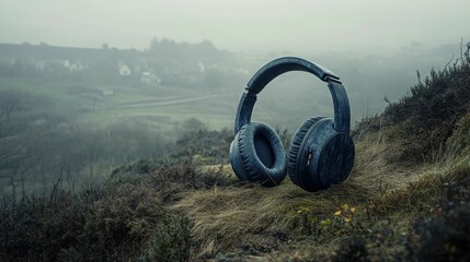 Dark headphones rest on rainy hillside.