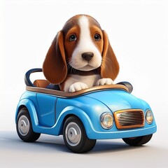 Basset Hound im blauen Auto
