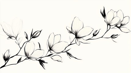 Elegant magnolia branch, delicate white flowers, artistic line drawing