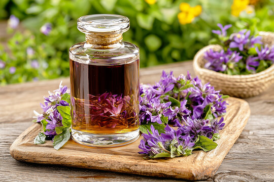 Preparation of herbal tincture or infused oil: Glass bottle with cork stopper filled with amber liquid and steeping purple flowers (Prunella/Self-heal?), alongside fresh herbs. Natural remedy concept.
