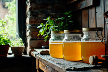 Homemade kombucha brewing: Glass jars of frothy fermented tea (kombucha) resting on a rustic wooden surface near a window. Healthy probiotic drink concept.