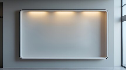 Professional photograph of a sleek, modern shopfront signboard with a prominent, rectangular empty space in the center, awaiting logo placement.