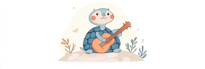 Fototapeta premium Turtle enjoys sunny day while strumming guitar on rock in minimalist illustration