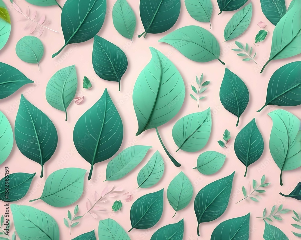 Poster a playful scattering of teal and emerald leaves on a soft pink canvas