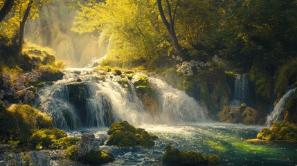 Sunlit waterfall cascades through lush forest, tranquil nature scene, ideal for travel or nature documentaries