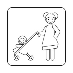 Mother pushing baby in stroller – outline illustration for parenting themes, childcare worksheets, early education, family printables, everyday life visuals and emotional learning for kids