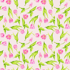Seamless pattern with spring flowers on beige background. Delicate watercolor tulips. Spring, Mother's Day, Easter, Women's Day, Birthday. Background for cards, posters, wrapping paper, wallpaper.