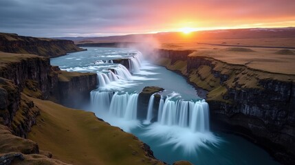A stunning view from above of Barnafoss in Iceland at dawn, with cloudy skies and cascading waters.