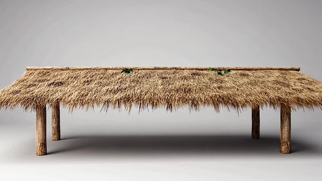 Rustic straw-roofed structure on a neutral background, showcasing natural materials and simplicity