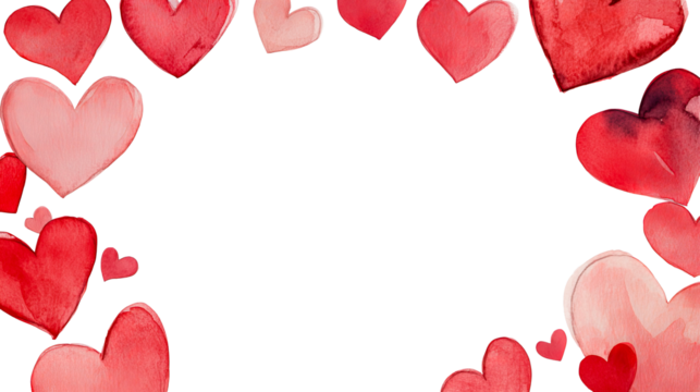 Frame of watercolor hearts for Valentine's day design, cut out transparent