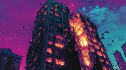 Crumbling skyscraper, vibrant sunset, urban decay.