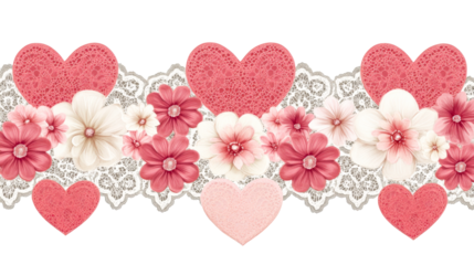 Delicate floral hearts pattern with lace, cut out transparent