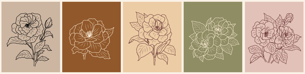 Camelia flower bouquets Line art Drawing Print Set. Botanical Poster, gallery wall art. Outline Vector monochrome sketch illustrations isolated on earth tone backgrounds © Creative_Juice_Art