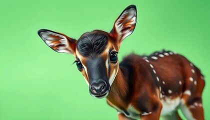 Adorable Baby Deer Close Up on Green Background Looking at Camera