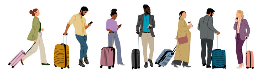 Diverse business people in casual outfit standing with suitcase, phones, luggage, waiting for departure. Business travel concept. Flat colorful vector illustration isolated on white background.