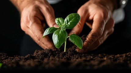 Hands carefully planting a young green seedling in rich, dark soil indoors