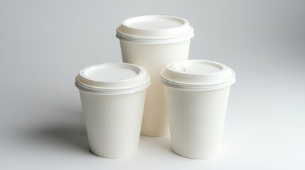 Three disposable coffee cups on white background. Possible use Stock photo for packaging design or coffee shop marketing