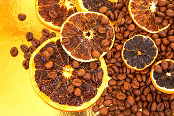 Macro shot of roasted coffee beans and dried orange slices on a golden reflective base, showcasing texture and warmth. coffee aroma and taste citrus descriptors