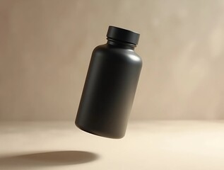 a matte black supplement bottle floating mid-air with soft directional lighting 