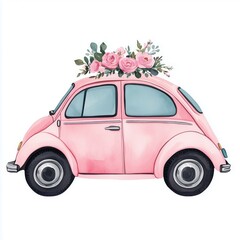 Whimsical Pink Car in Watercolor Art, Vintage Pink Car with Floral Elements, Dreamy Pink Car Road Trip Illustration, Cute Pink Car with Cityscape Watercolor, Minimalist Pastel Pink Car Aesthetic, Doub