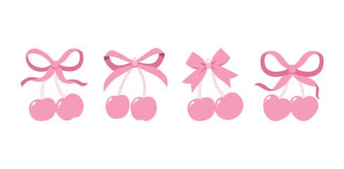 Coquette cherries with gift bow. Vector Illustration of pink girly vintage bows and cherry. Cherries with ribbon. Cute trendy line art set. Ribbons isolated. Trendy girls accessories. Cute hairstyle d