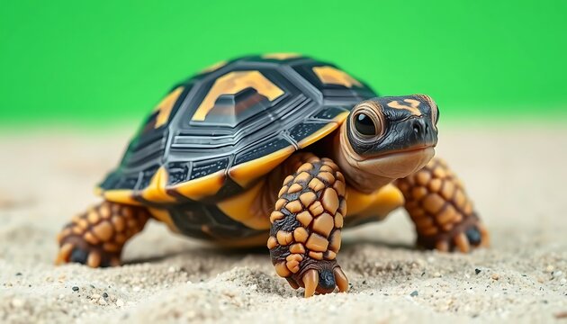 Small Turtle Walking on Sand with Green Background Natural Habitat