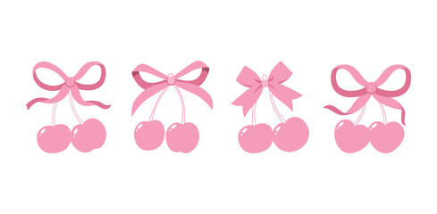 Coquette cherries with gift bow. Vector Illustration of pink girly vintage bows and cherry. Cherries with ribbon. Cute trendy line art set. Ribbons isolated. Trendy girls accessories. Cute hairstyle d