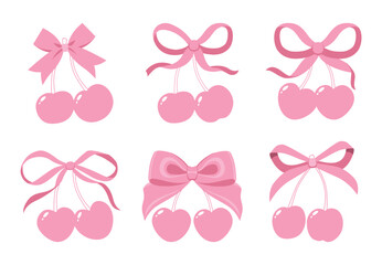 Coquette cherries with gift bow. Vector Illustration of pink girly vintage bows and cherry. Cherries with ribbon. Cute trendy line art set. Ribbons isolated. Trendy girls accessories. Cute hairstyle d