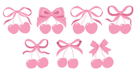 Coquette cherries with gift bow. Vector Illustration of pink girly vintage bows and cherry. Cherries with ribbon. Cute trendy line art set. Ribbons isolated. Trendy girls accessories. Cute hairstyle d