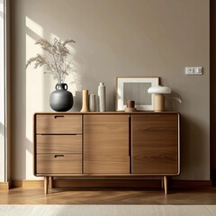 Simple solid wood sideboard with four legs, placed in a modern bedroom