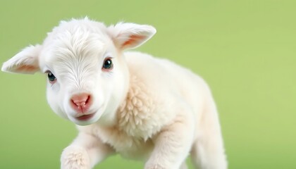 Fototapeta premium Curious Lamb Standing Against a Green Background Looking at Camera