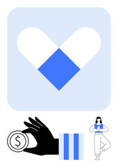 Heart-shaped pill for health, hand holding coin for financial balance, yoga figure for wellness. Ideal for healthcare, self-care, finance, mindfulness, balance, harmony flat simple metaphor