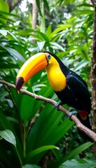Fototapeta premium Tropical Toucan Perched on a Branch Surrounded by Lush Green Foliage