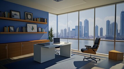 A modern office space with a city skyline view