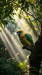 Obraz premium Colorful Parrot Perched on a Tree Branch in a Sunlit Forest Environment