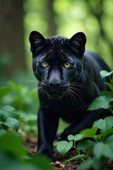 Black panther in dense undergrowth, stealthy, underbrush, dark