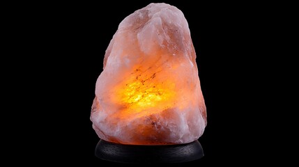 A glowing Himalayan salt lamp, softly illuminating salt crystals around it, isolated background