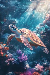 Fototapeta premium there is a turtle swimming in the ocean with corals and fish