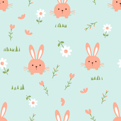 Seamless pattern with bunny rabbit cartoons, daisy flower, heart shape flower on green grass background vector.