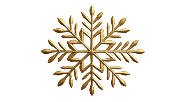 Golden glitter snowflake with sharp edges on black background, cut out transparent
