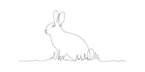 Continuous one line drawing of Easter Bunny. Cute rabbit silhouette with ears in simple minimalistic style for spring design greeting card and web banner. Editable stroke. Linear Vector illustration
