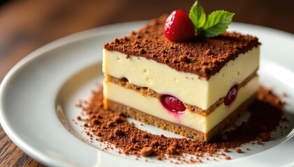 Close-up of individual tiramisu portion, cocoa topping , yummy, decadent