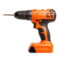 An orange cordless drill with a black grip, isolated on a white background. Ideal for home improvement and construction projects.