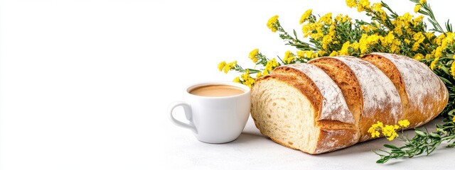 Sweet Bread Loaf Coffee and Yellow Flowers Still Life