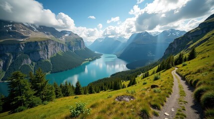 Obraz premium Panoramic view of Mebdalen Valley in Norway during midday, with sunny conditions.