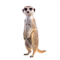 A cute meerkat stands upright with a curious expression, showcasing its playful nature against a white isolated background.