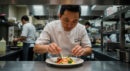 Fototapeta premium Master Chef Plating a Gourmet Dish in a Michelin-Starred Kitchen