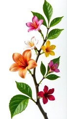 Fototapeta premium Colorful flowers and leaves isolated on white background, green, leaves, branch